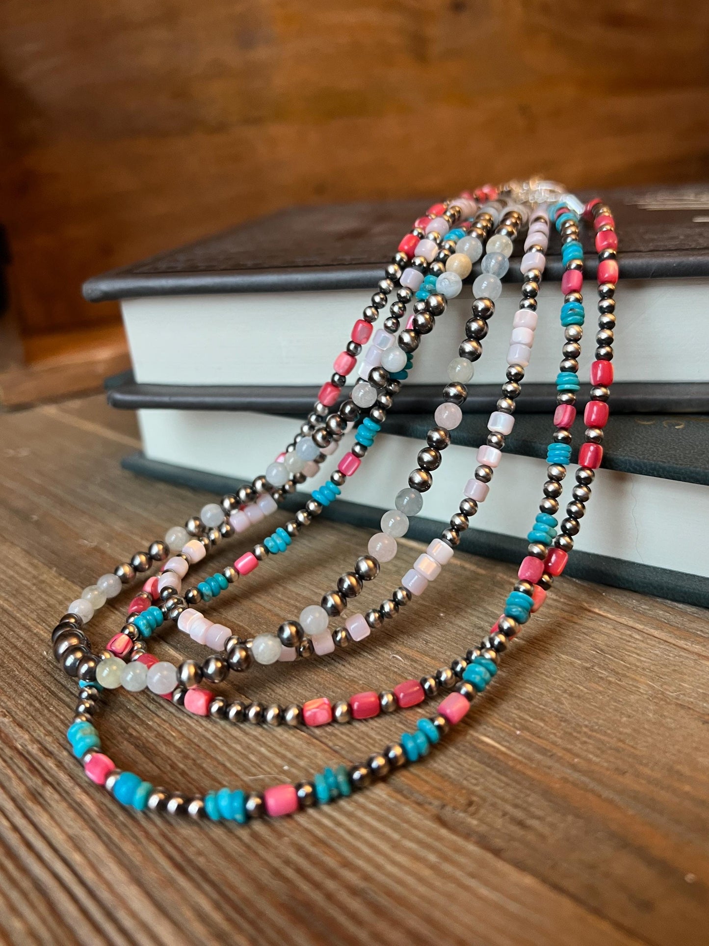 The CANDY Necklace • 16" Sterling Silver pink shell & turquoise Necklace • Sterling Silver Pearls • Western Necklace