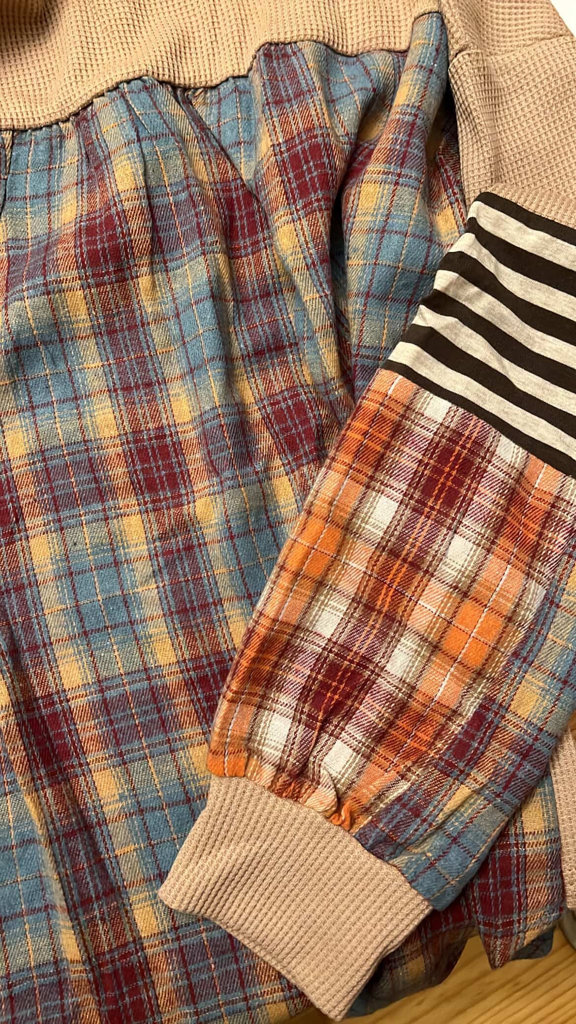 Brown Waffle Colorblock Plaid Half Button Pullover