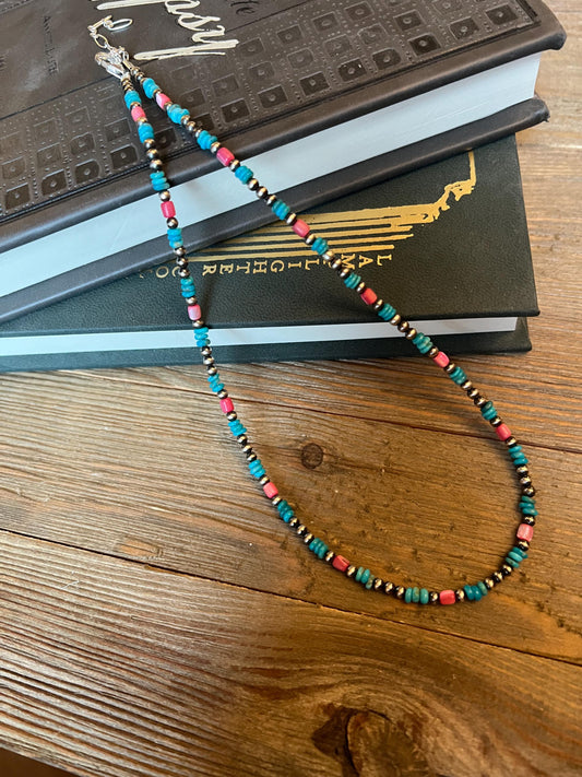 The CANDY Necklace • 16" Sterling Silver pink shell & turquoise Necklace • Sterling Silver Pearls • Western Necklace