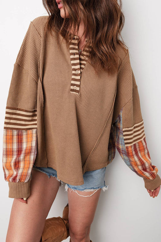 Brown Waffle Colorblock Plaid Half Button Pullover
